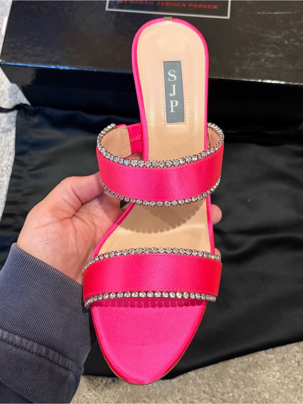 SJP by Sarah Jessica Parker Barbie Satin Rhinestone Two-Strap Mule Heels - Picture 2 of 4